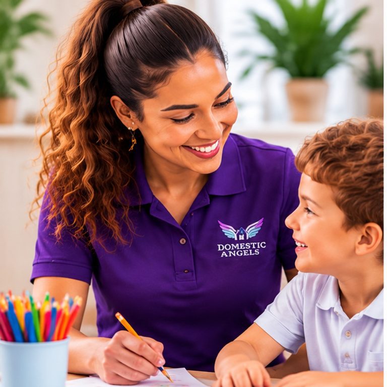 Au pair helping a child with homework