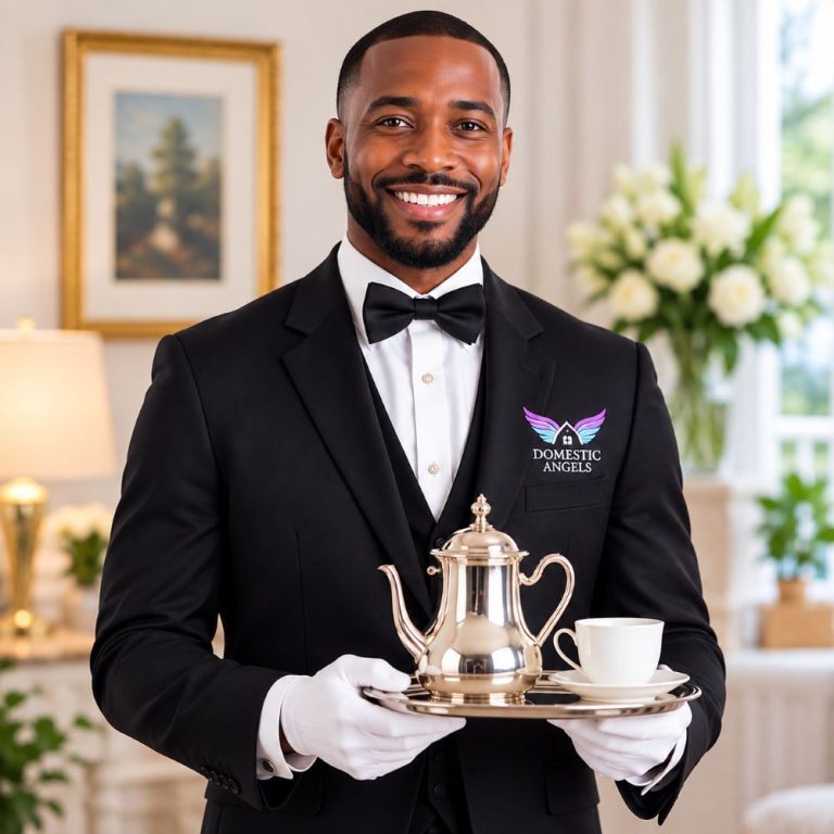 Butler holding a silver tea tray