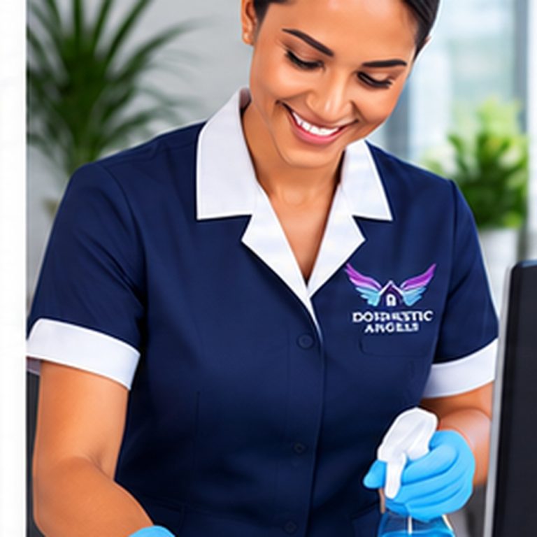 Office cleaner in a Domestic Angels uniform