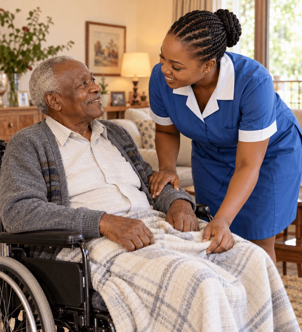 A Domestic Angels caregiver in a blue uniform caring for an elderly man in a wheelchair