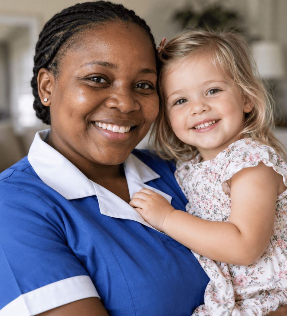A smiling Domestic Angels nanny in a blue uniform holding a happy toddler