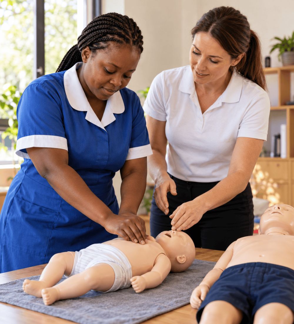A Domestic Angels nanny in a blue uniform practising baby CPR on an infant mannequin with an instructor
