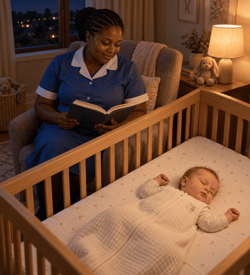 A Domestic Angels night nanny in a blue uniform reading beside a sleeping baby in a cot