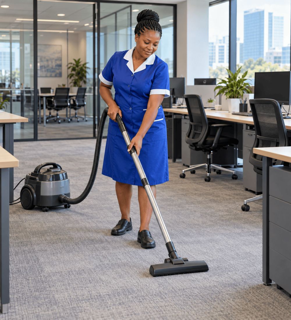 A Domestic Angels office cleaner in a blue uniform vacuuming an open-plan office